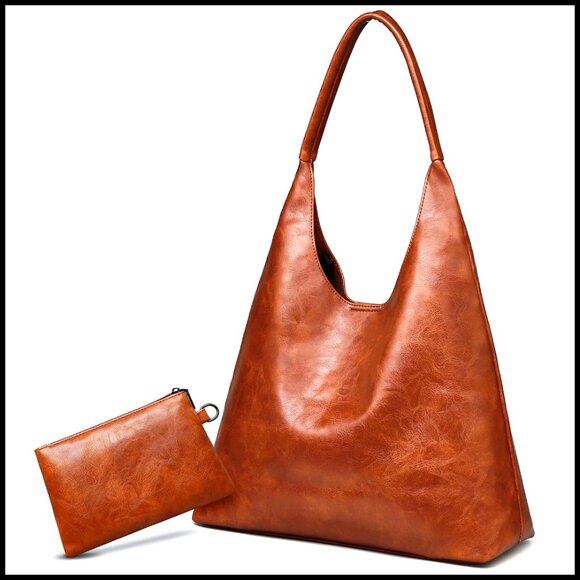 Retro Vegan Leather Hobo Tote Slouchy Shoulder Bag with Cosmetic Pouch